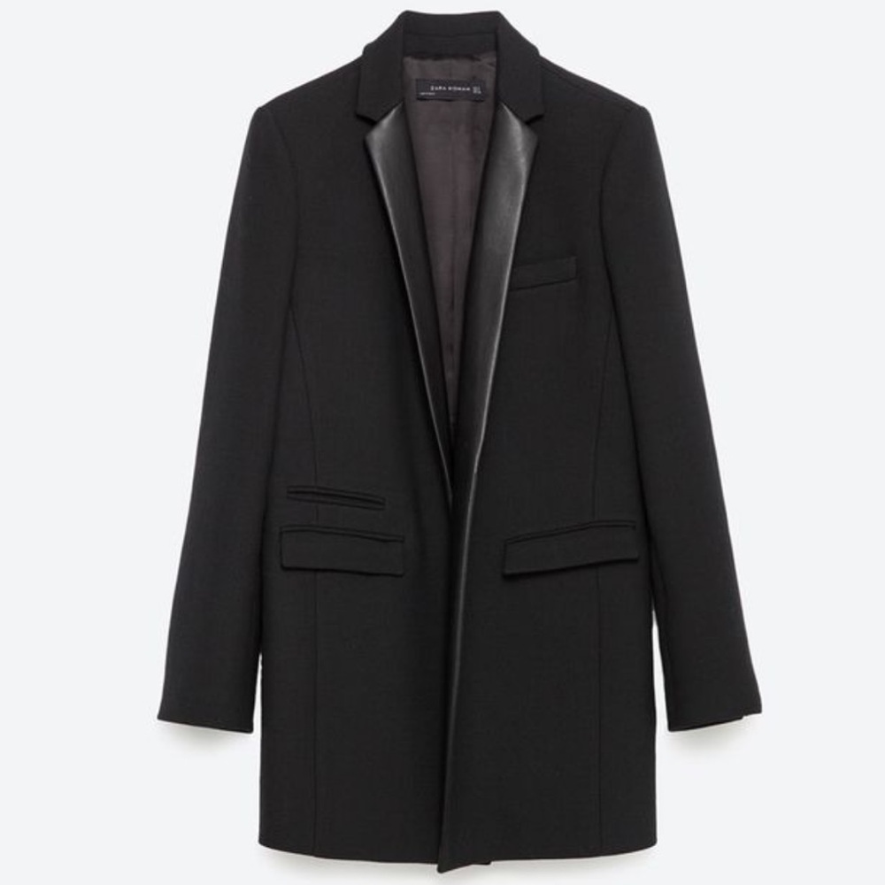 Zara Black Blazer with Leather Trim - Picture 1 of 13